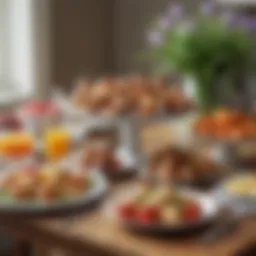 A vibrant Easter brunch spread showcasing colorful dishes arranged artfully on a table.