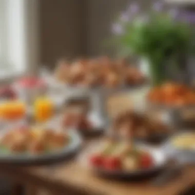 Artful Easter Brunch Display A vibrant Easter brunch spread showcasing colorful dishes arranged artfully on a table.