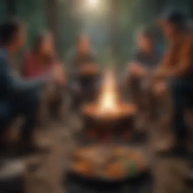 Communal Campfire Meal Camping enthusiasts enjoying a communal meal around a cozy campfire.