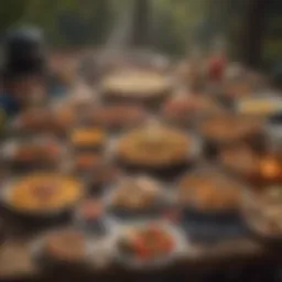 A scenic campsite setup with a variety of delicious dishes displayed on a picnic table.