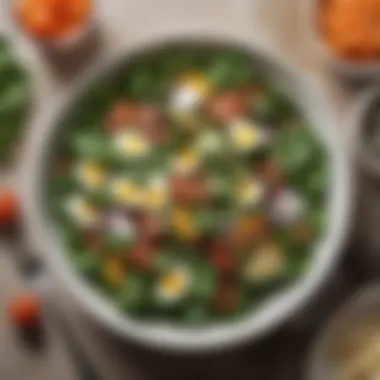 Vibrant Spinach Salad A vibrant spinach salad topped with seasonal vegetables and a light dressing