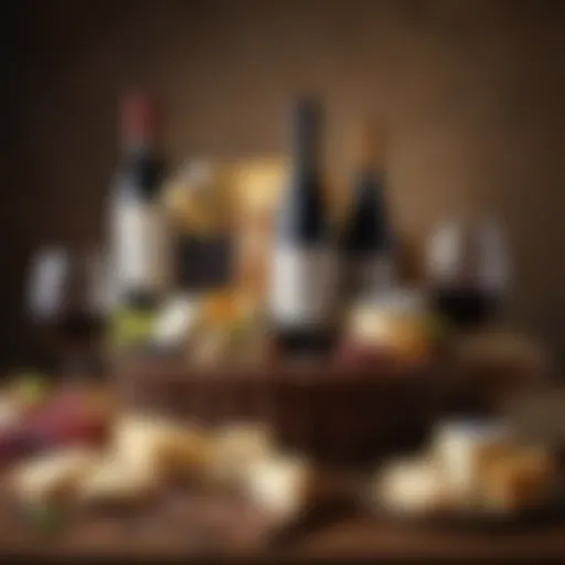 A beautifully arranged Italian wine and cheese gift basket showcasing various cheeses and wines.