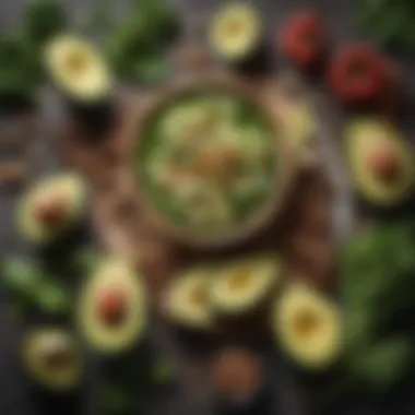 Keto-Friendly Ingredients A vibrant spread of keto-friendly ingredients including avocados, nuts, and greens.