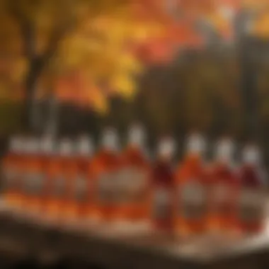 Bottled Tradition: Celebrating Maple Syrup A collection of maple syrup bottles on display