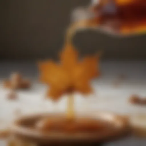 Golden maple syrup flowing from a spout