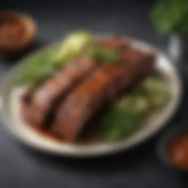 A finished plate of succulent pork ribs garnished with herbs