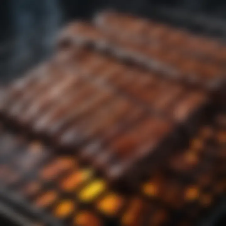 Beef ribs sizzling on the grill, showcasing grill marks