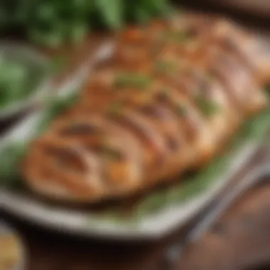 A plate of sliced grilled chicken breast with herbs