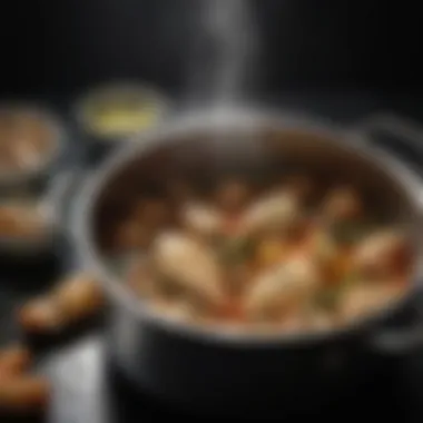 Simmering to Perfection: The Art of Stock Making A pot simmering with chicken stock and aromatic herbs
