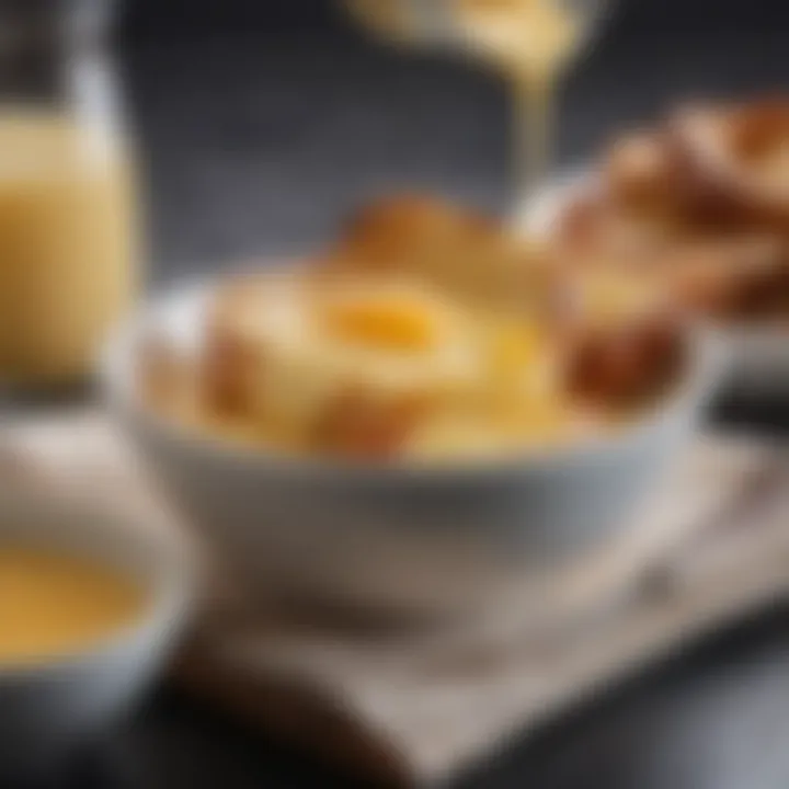 A close-up of a custard mixture of eggs and milk in a bowl, ready for French toast