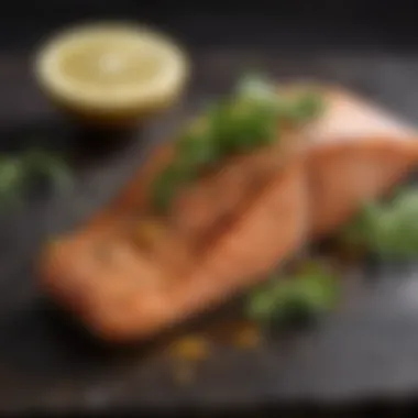 Gourmet Air Fried Salmon A beautifully plated air fried salmon fillet garnished with herbs and lemon