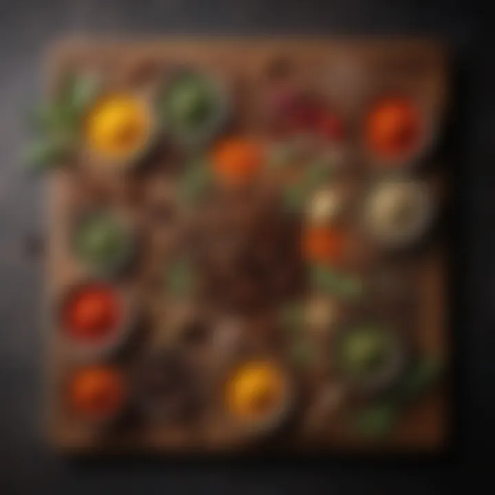 An assortment of spices and aromatics arranged artistically on a wooden board