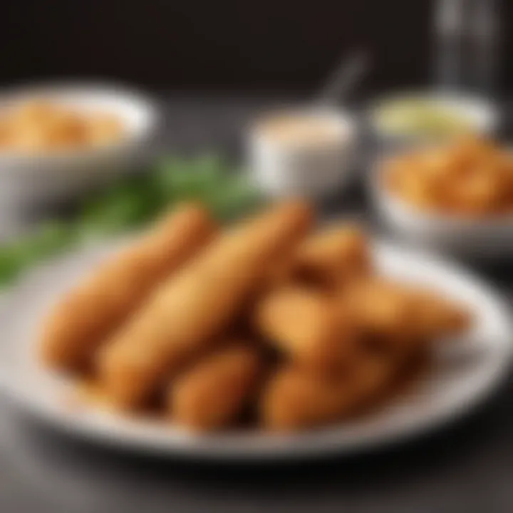 An arrangement of air-fried chicken tenders on a plate