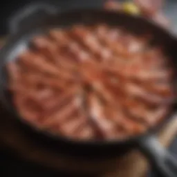 Sizzling strips of bacon on a skillet