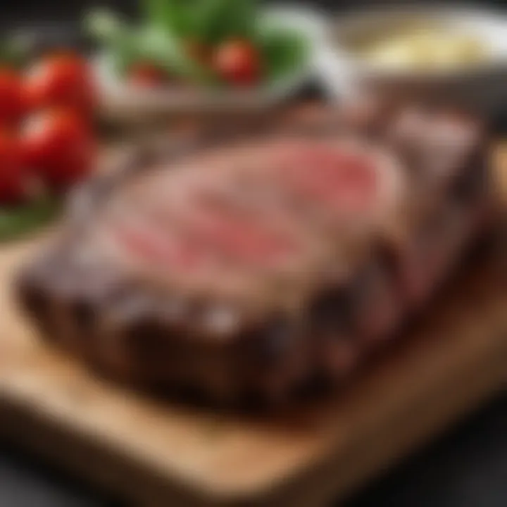 Rib eye steak resting on a cutting board after cooking