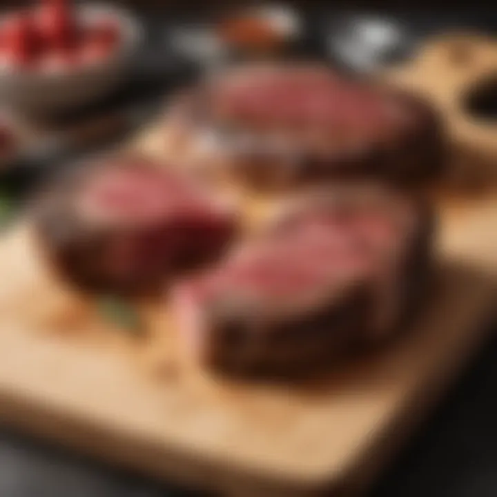 Selection of high-quality rib eye steaks on a wooden cutting board