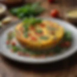 A beautifully plated frittata garnished with fresh herbs and vegetables