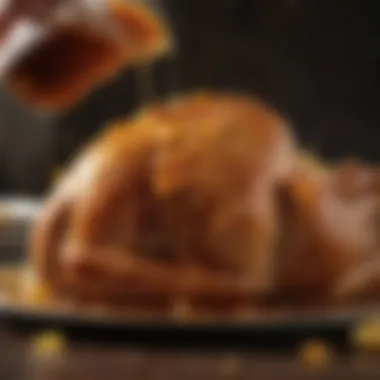 Close-up of honey glaze drizzling over turkey