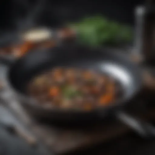 A well-seasoned carbon steel pan showcasing a rich, dark patina.