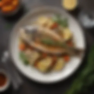 Plate of grilled fish with herbs and lemon