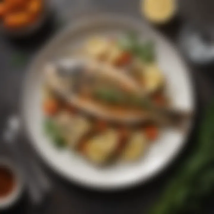 Plate of grilled fish with herbs and lemon