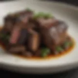 A close-up of braised short ribs showcasing rich color and texture