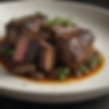 Exquisite Texture of Braised Short Ribs A close-up of braised short ribs showcasing rich color and texture