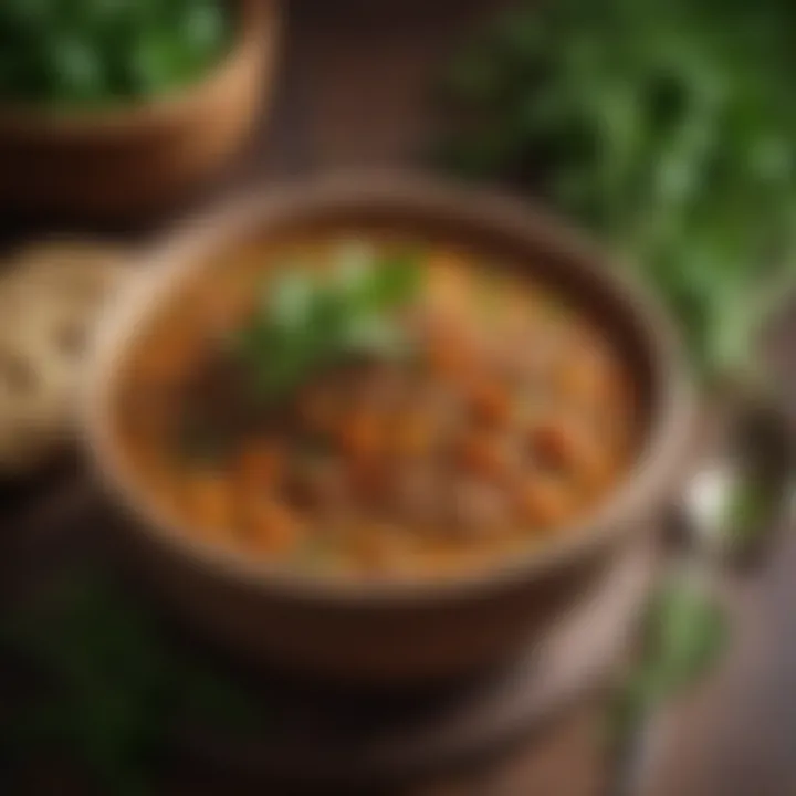 A rich lentil stew served in a rustic bowl, garnished with fresh herbs