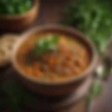 Hearty Lentil Stew Garnished with Fresh Herbs A rich lentil stew served in a rustic bowl, garnished with fresh herbs