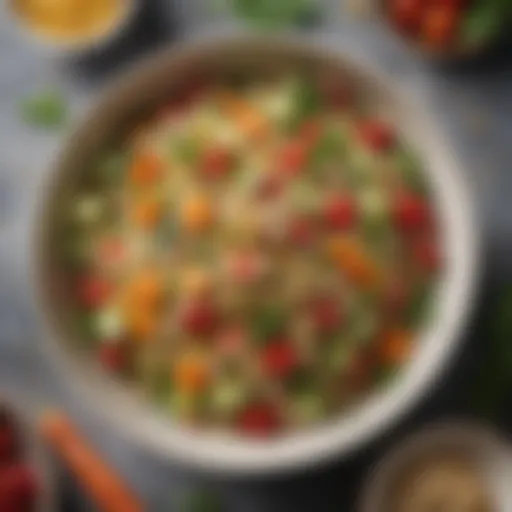A vibrant bowl of quinoa salad topped with fresh vegetables and herbs
