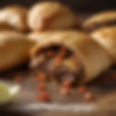 Savory Filling of a Beef Empanada A close-up of a beef empanada being sliced, revealing its savory filling.