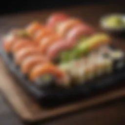 A beautifully arranged sushi platter showcasing various rolls and sashimi.