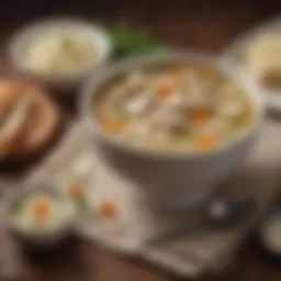 Classic bowl of chicken and rice soup with herbs