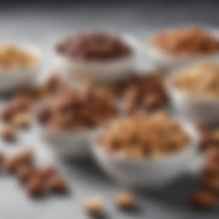 An assortment of nuts in small bowls, emphasizing portion control.