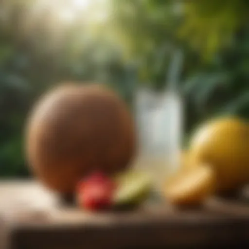 A refreshing glass of coconut water with a backdrop of tropical fruits