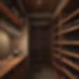 A cozy wine cellar showcasing red wine bottles on wooden shelves