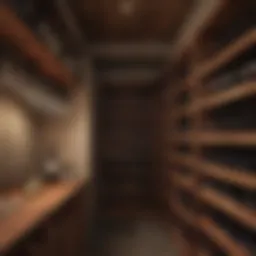A cozy wine cellar showcasing red wine bottles on wooden shelves