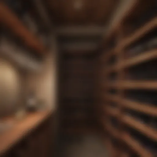 A cozy wine cellar showcasing red wine bottles on wooden shelves