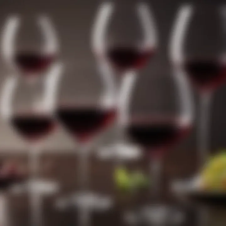 Artistic view of red wine glasses, reflecting light