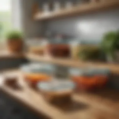 Neatly Arranged Eco-Friendly Containers in a Kitchen Setting An organized kitchen with eco-friendly food prep containers on display