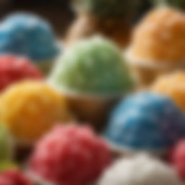 A close-up of various tropical flavors of shaved ice showcasing its diversity