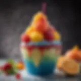 A vibrant display of Hawaiian shaved ice topped with colorful syrups and fresh fruits