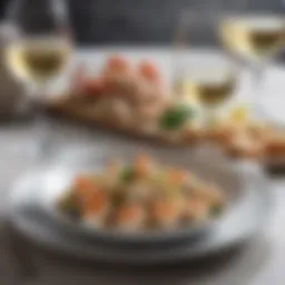 An elegant table setting showcasing white wine paired with seafood dishes.