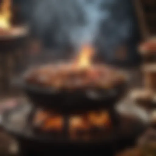 An artistic representation of a traditional pit barbecue setup showcasing the vibrant flames and smoke.