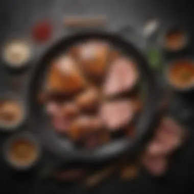 Cooking tools and utensils arranged for pork preparation