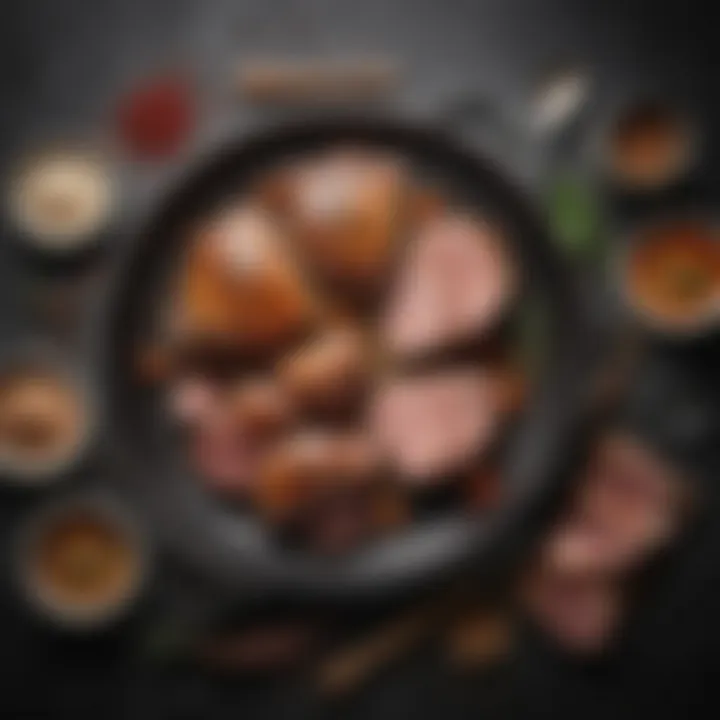 Cooking tools and utensils arranged for pork preparation