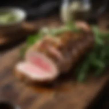 Plated pork tenderloin garnished elegantly with herbs