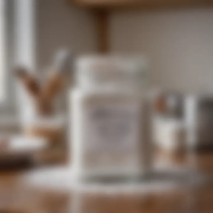 A glass jar filled with powdered sugar on a kitchen counter