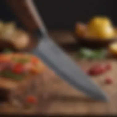 A close-up view of a high-quality chef's knife showcasing its blade craftsmanship and ergonomic handle design.