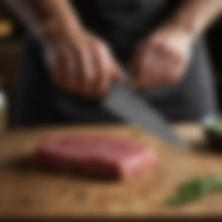 A chef's hand demonstrating proper knife grip and technique